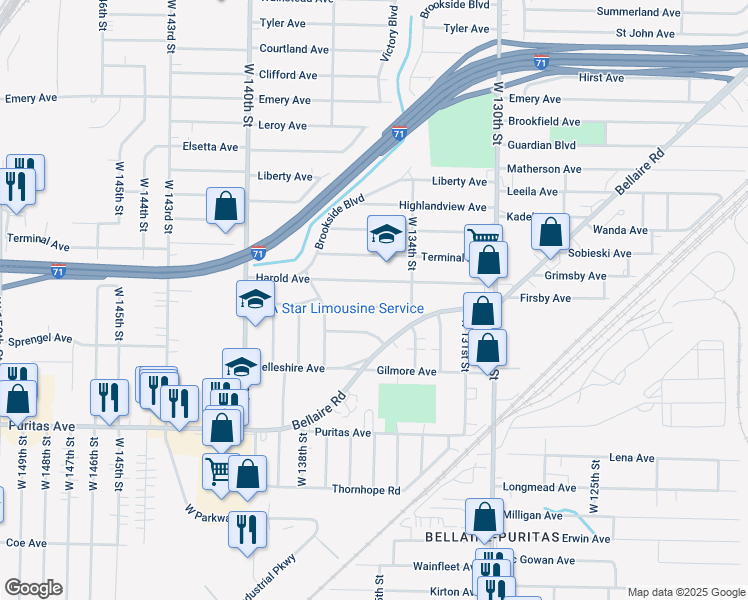 map of restaurants, bars, coffee shops, grocery stores, and more near 13420 Sherry Avenue in Cleveland