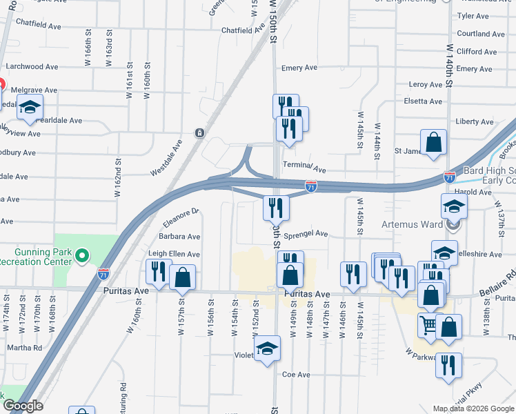 map of restaurants, bars, coffee shops, grocery stores, and more near 4297 West 152nd Street in Cleveland