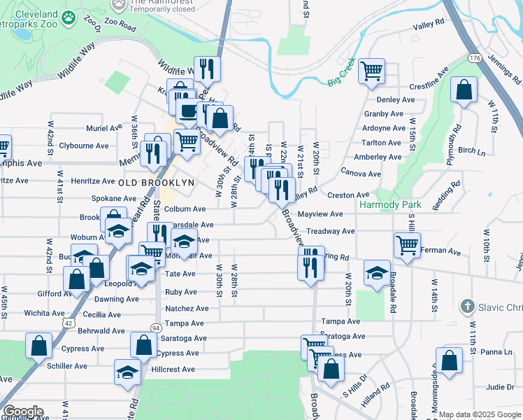 map of restaurants, bars, coffee shops, grocery stores, and more near 2411 Colburn Avenue in Cleveland