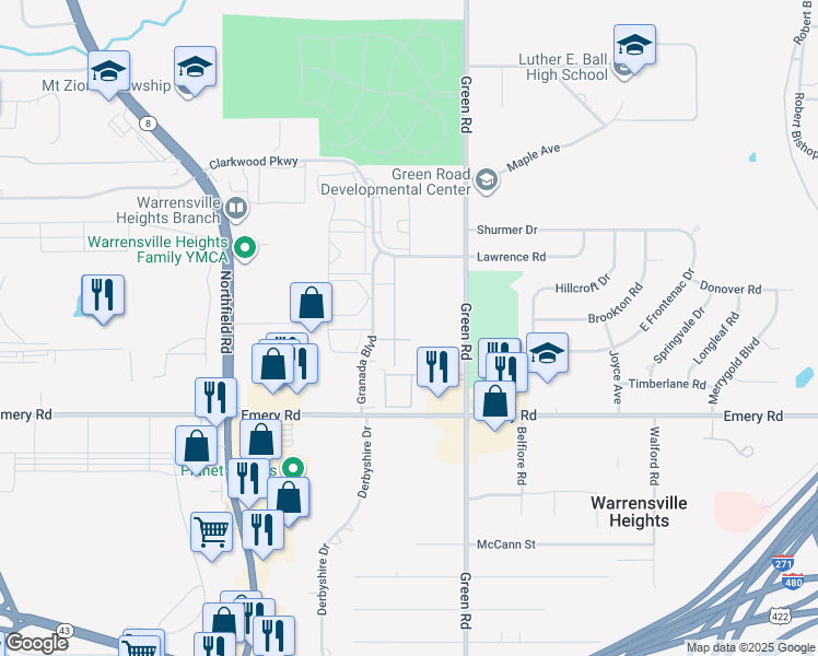 map of restaurants, bars, coffee shops, grocery stores, and more near 4490 Granada Boulevard in Warrensville Heights