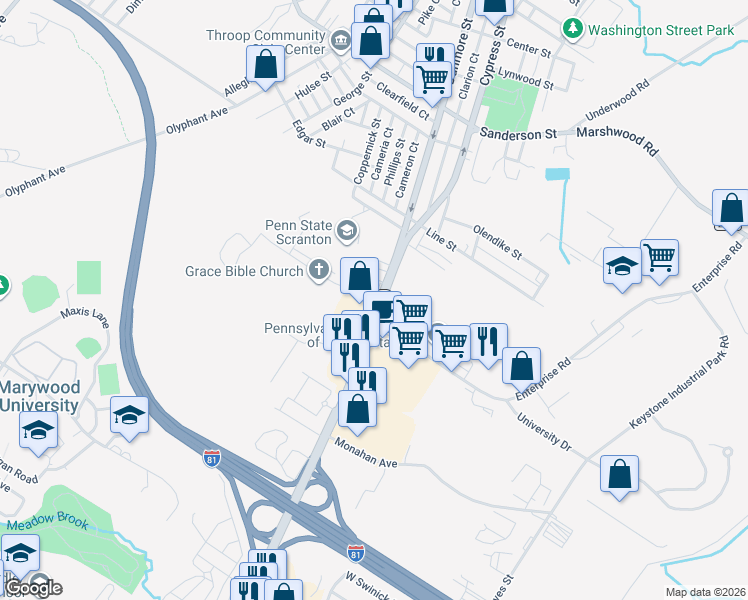 map of restaurants, bars, coffee shops, grocery stores, and more near 2 University Drive in Dunmore