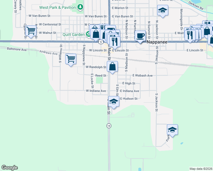 map of restaurants, bars, coffee shops, grocery stores, and more near 605 South Clark Street in Nappanee