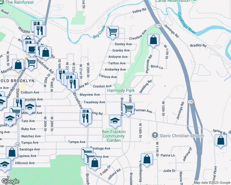 map of restaurants, bars, coffee shops, grocery stores, and more near 1718 Mayview Avenue in Cleveland
