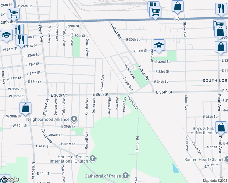 map of restaurants, bars, coffee shops, grocery stores, and more near 1311 East 36th Street in Lorain