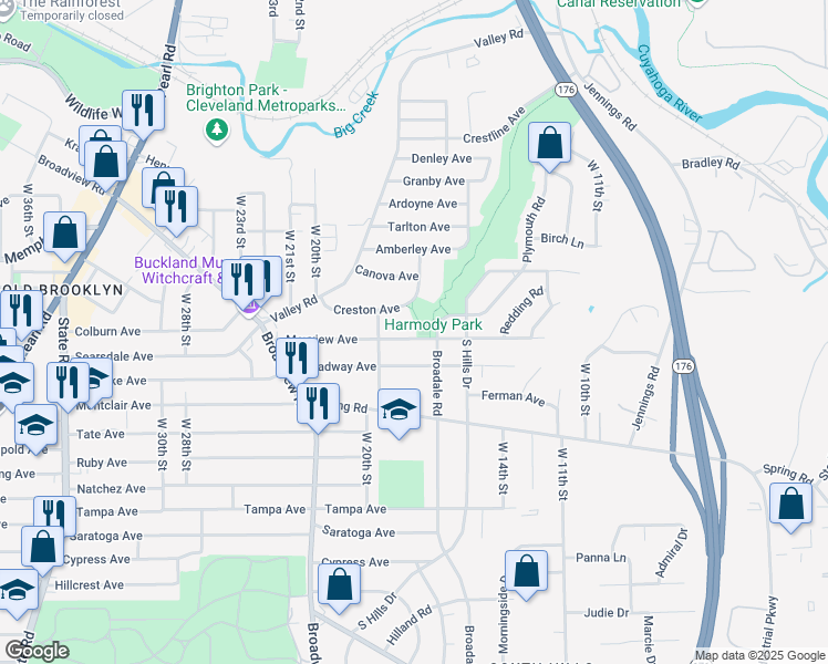 map of restaurants, bars, coffee shops, grocery stores, and more near 1718 Mayview Avenue in Cleveland