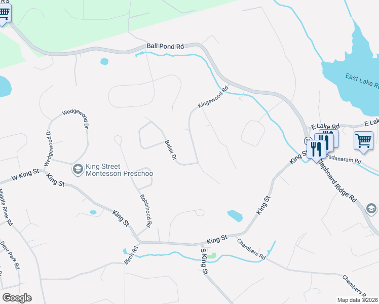 map of restaurants, bars, coffee shops, grocery stores, and more near 35 Kingswood Road in Danbury
