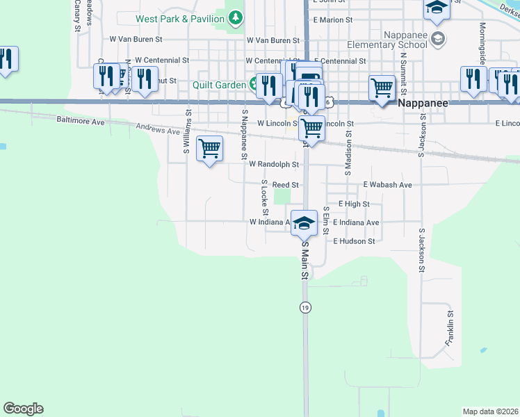 map of restaurants, bars, coffee shops, grocery stores, and more near 648-698 S Locke St in Nappanee