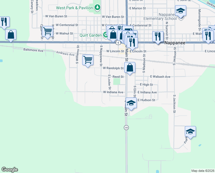 map of restaurants, bars, coffee shops, grocery stores, and more near 648 S Locke St in Nappanee