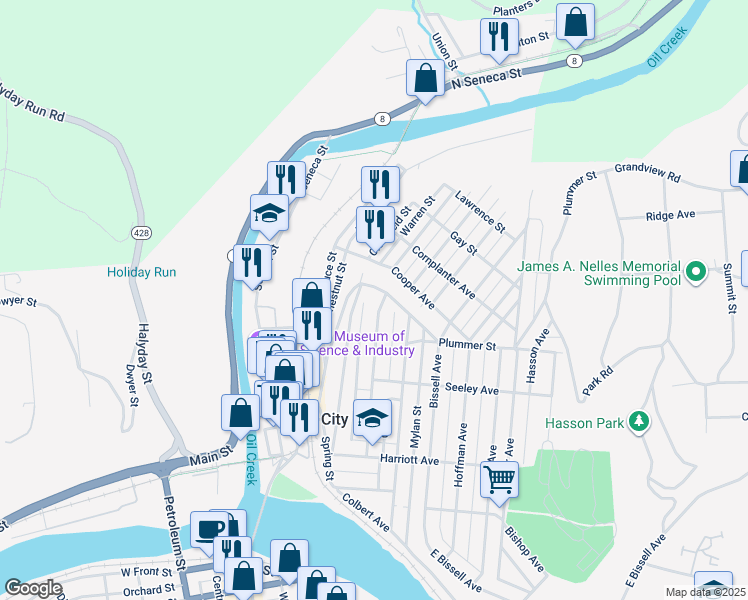 map of restaurants, bars, coffee shops, grocery stores, and more near 75-83 Pearl Ave in Oil City