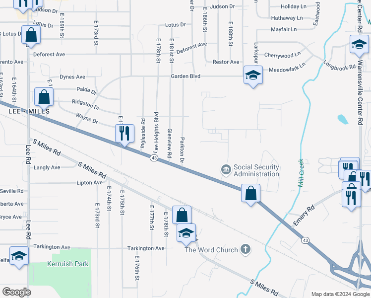 map of restaurants, bars, coffee shops, grocery stores, and more near 4501 Parkton Drive in Warrensville Heights