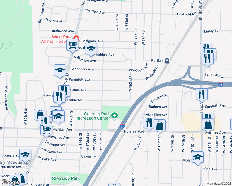 map of restaurants, bars, coffee shops, grocery stores, and more near 16501 Elsienna Avenue in Cleveland