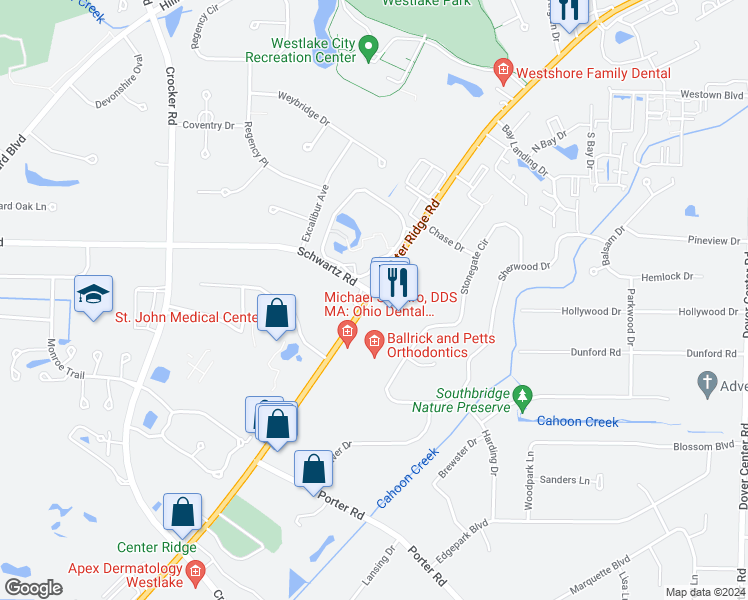 map of restaurants, bars, coffee shops, grocery stores, and more near 28731 Center Ridge Road in Westlake