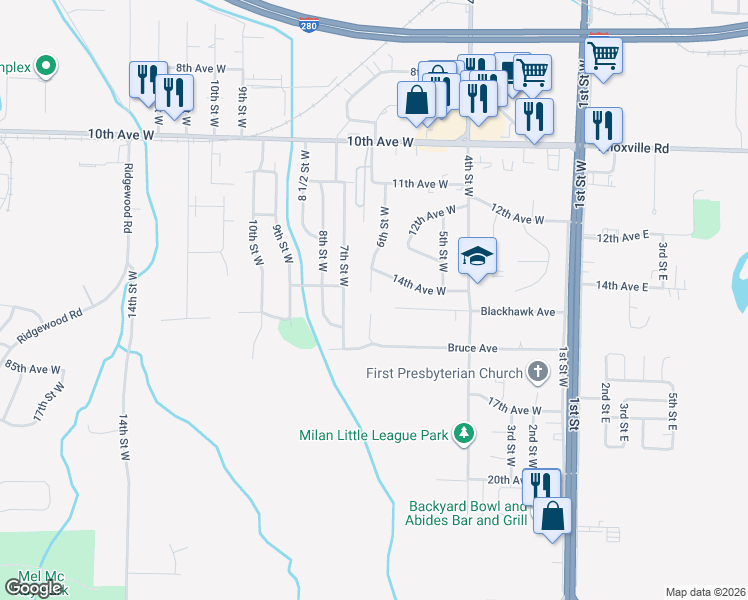 map of restaurants, bars, coffee shops, grocery stores, and more near 1411 6th Street West in Milan