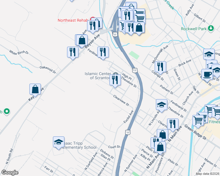 map of restaurants, bars, coffee shops, grocery stores, and more near 1844 Clearview Street in Scranton
