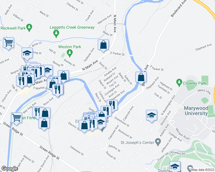 map of restaurants, bars, coffee shops, grocery stores, and more near 2210 Brown Avenue in Scranton