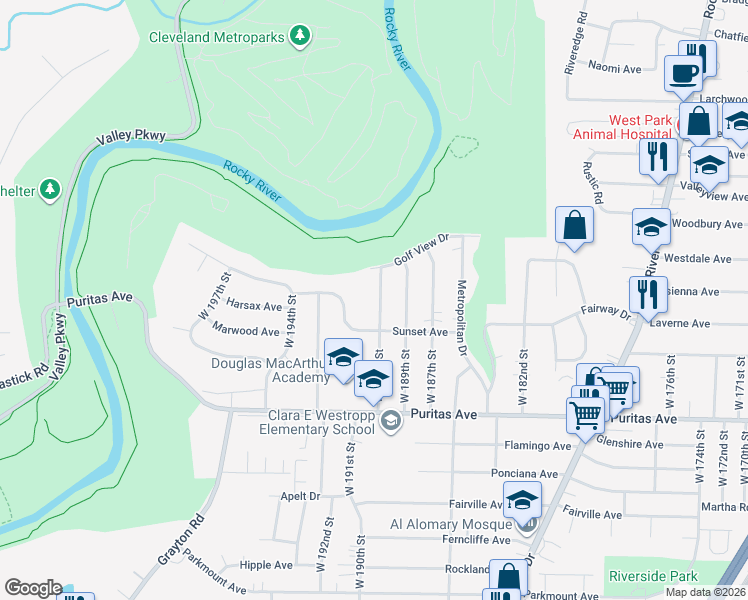 map of restaurants, bars, coffee shops, grocery stores, and more near 4318 West 191st Street in Cleveland