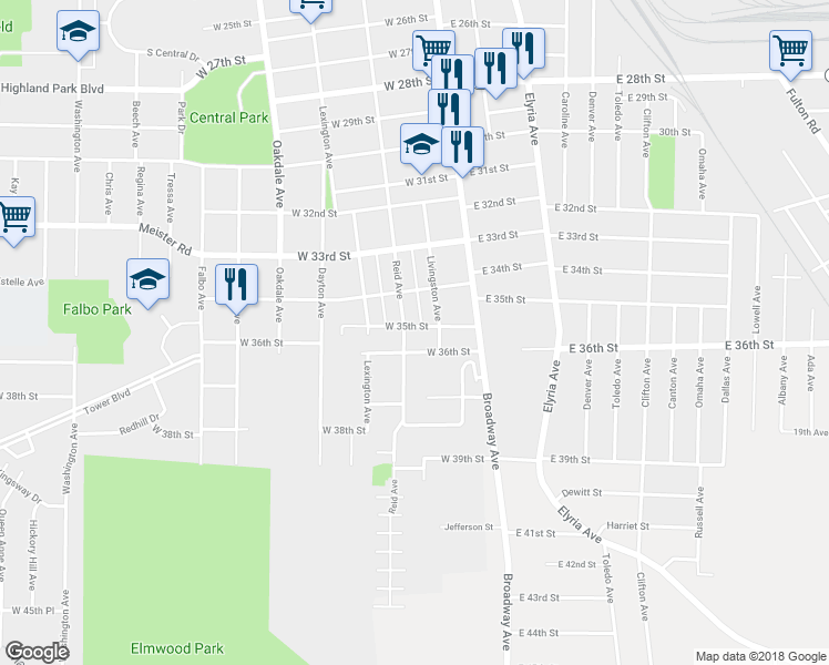 map of restaurants, bars, coffee shops, grocery stores, and more near 221 West 35th Street in Lorain