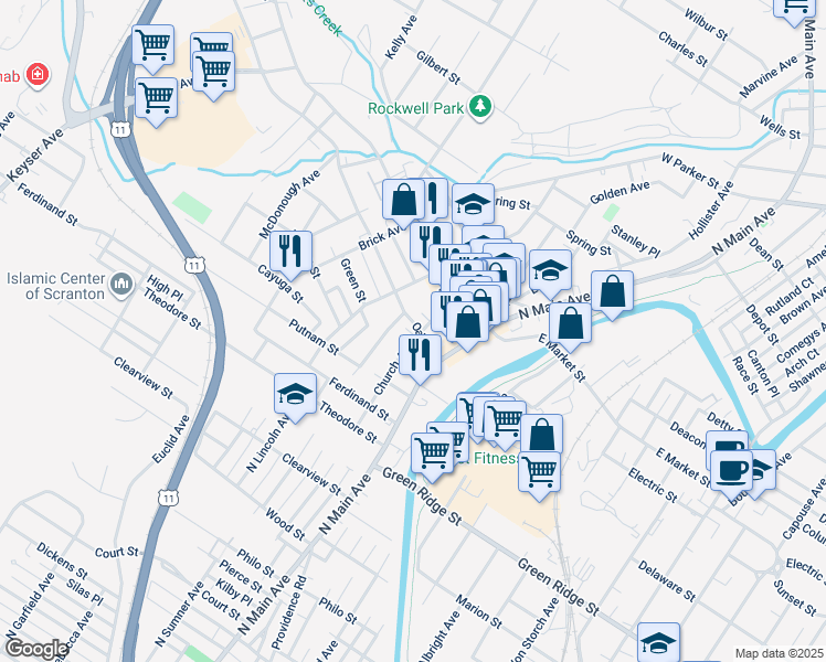 map of restaurants, bars, coffee shops, grocery stores, and more near 119 Oak Street in Scranton