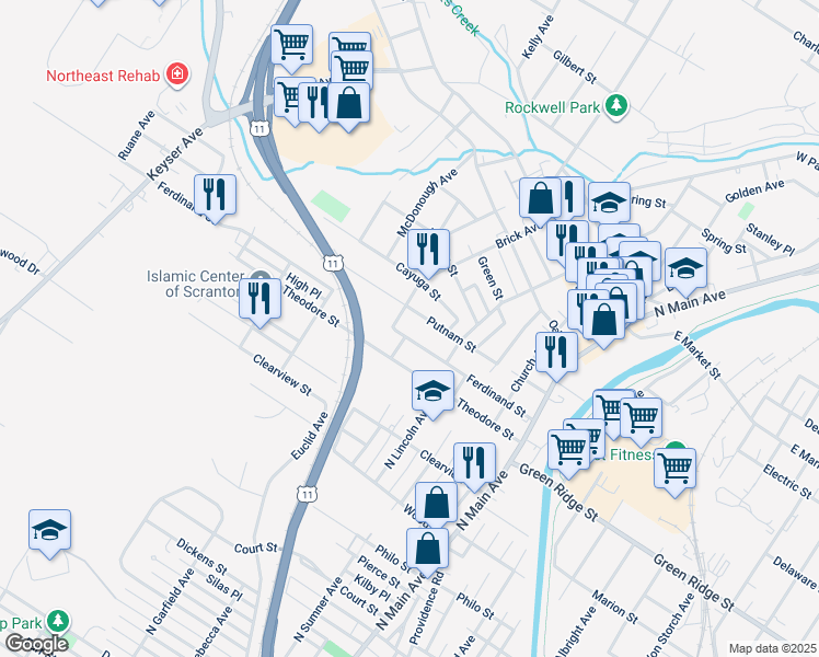 map of restaurants, bars, coffee shops, grocery stores, and more near 361 Ferdinand Street in Scranton