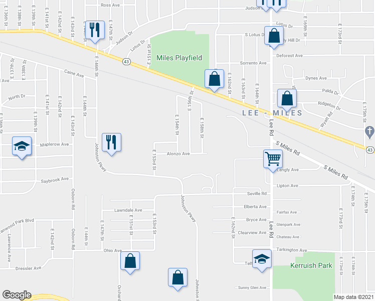 map of restaurants, bars, coffee shops, grocery stores, and more near 15606 Alonzo Avenue in Cleveland