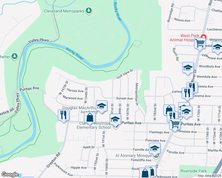 map of restaurants, bars, coffee shops, grocery stores, and more near 4318 West 191st Street in Cleveland