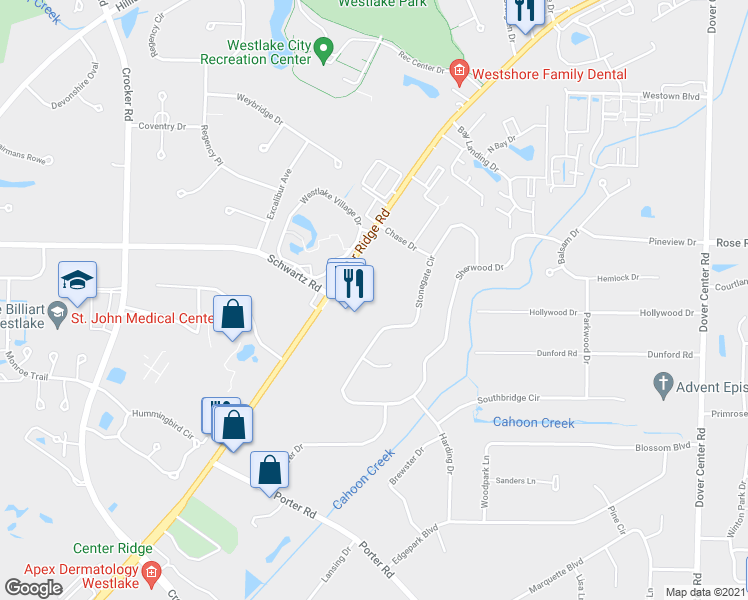 map of restaurants, bars, coffee shops, grocery stores, and more near 28731 Center Ridge Road in Westlake