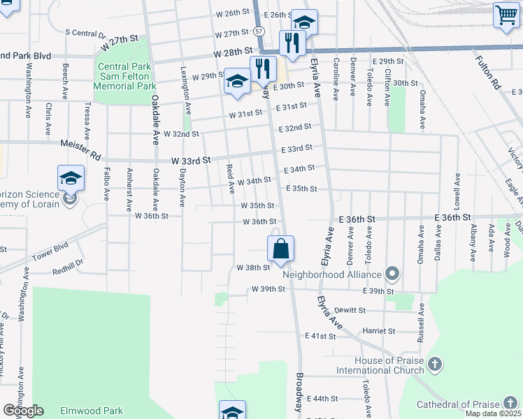 map of restaurants, bars, coffee shops, grocery stores, and more near 3570 Livingston Avenue in Lorain