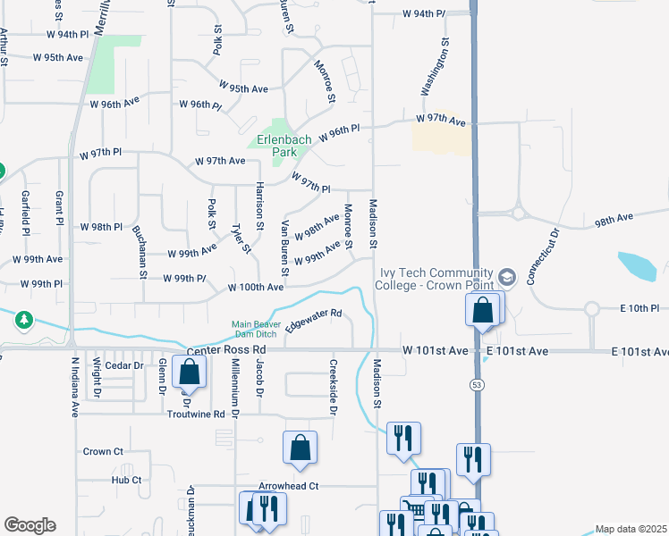 map of restaurants, bars, coffee shops, grocery stores, and more near 1244 West 100th Avenue in Crown Point