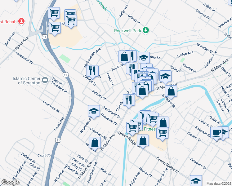 map of restaurants, bars, coffee shops, grocery stores, and more near 1729 North Sumner Avenue in Scranton