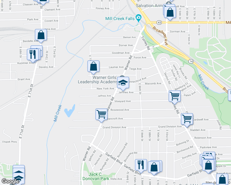 map of restaurants, bars, coffee shops, grocery stores, and more near Warner Road & Jeffries Avenue in Cleveland