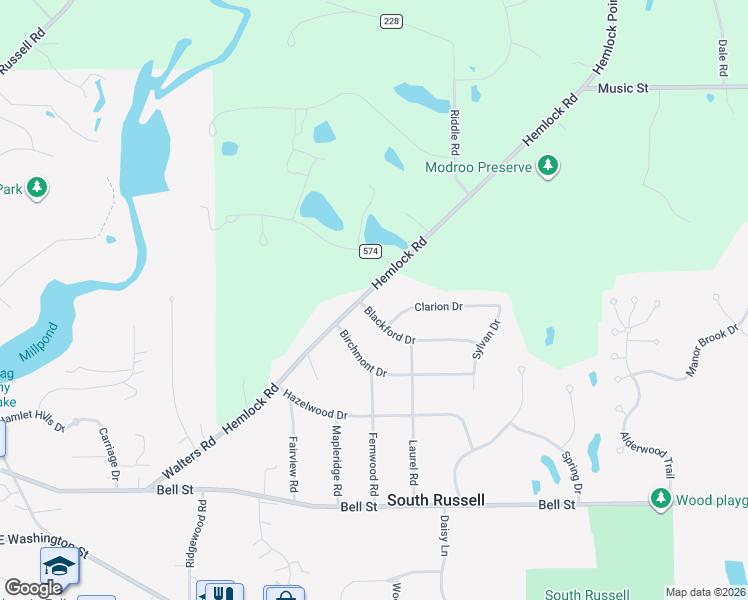 map of restaurants, bars, coffee shops, grocery stores, and more near 7700 Clarion Drive in Chagrin Falls