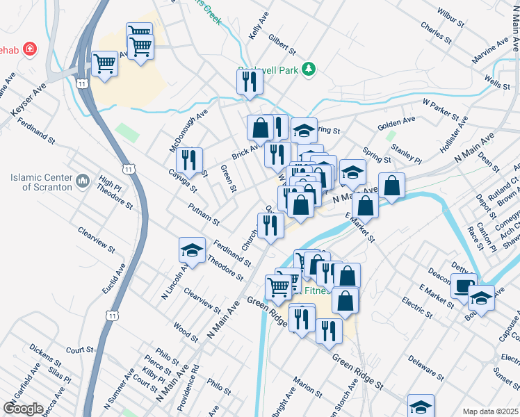 map of restaurants, bars, coffee shops, grocery stores, and more near 119 Oak Street in Scranton