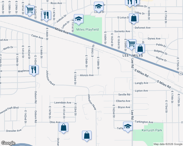 map of restaurants, bars, coffee shops, grocery stores, and more near 15606 Alonzo Avenue in Cleveland