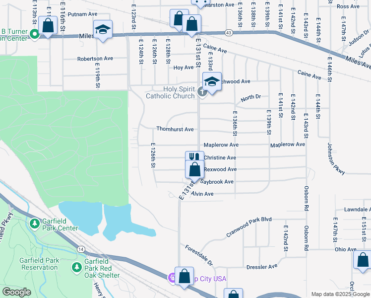 map of restaurants, bars, coffee shops, grocery stores, and more near 12905 Christine Avenue in Garfield Heights