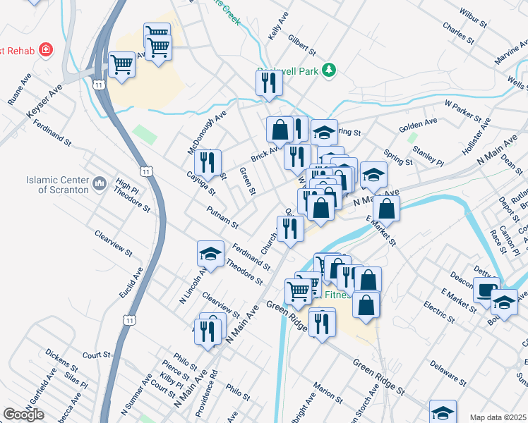 map of restaurants, bars, coffee shops, grocery stores, and more near 1729 North Sumner Avenue in Scranton