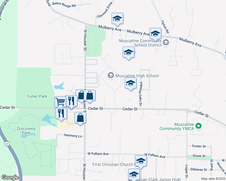 map of restaurants, bars, coffee shops, grocery stores, and more near 2705 Cedar Street in Muscatine