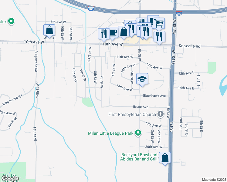 map of restaurants, bars, coffee shops, grocery stores, and more near 1411 6th Street West in Milan