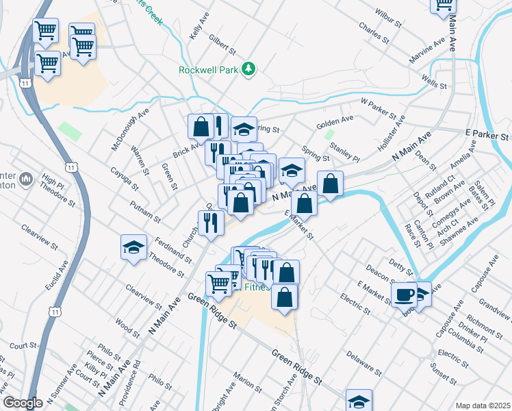 map of restaurants, bars, coffee shops, grocery stores, and more near 1902 North Main Avenue in Scranton