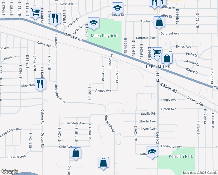 map of restaurants, bars, coffee shops, grocery stores, and more near 15606 Alonzo Avenue in Cleveland