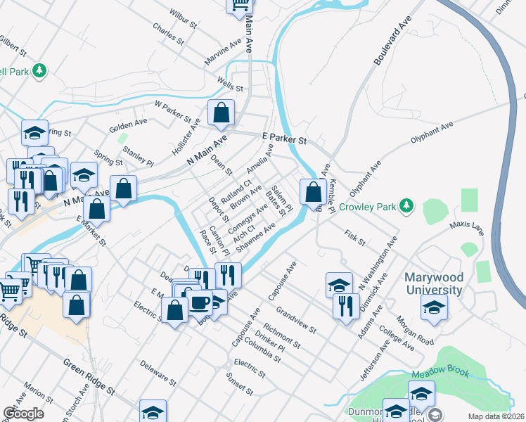 map of restaurants, bars, coffee shops, grocery stores, and more near 617 Dean Street in Scranton