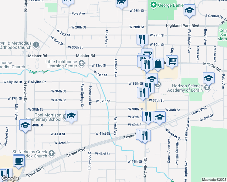 map of restaurants, bars, coffee shops, grocery stores, and more near 3605 Ashland Avenue in Lorain
