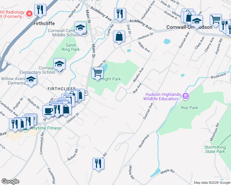 map of restaurants, bars, coffee shops, grocery stores, and more near 37 Roe Avenue in Cornwall-on-Hudson