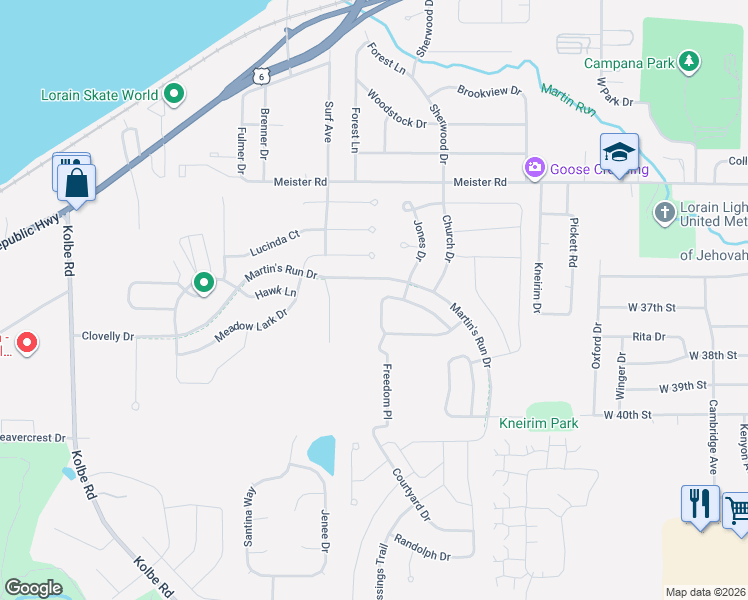 map of restaurants, bars, coffee shops, grocery stores, and more near 3542 Astor Lane in Lorain