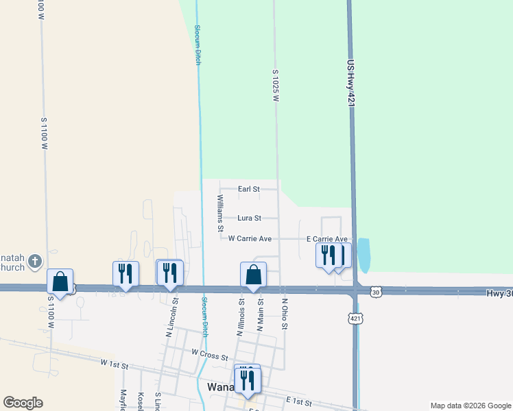 map of restaurants, bars, coffee shops, grocery stores, and more near 109 Lura Street in Wanatah
