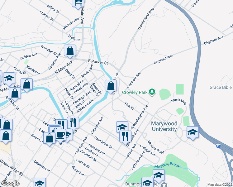 map of restaurants, bars, coffee shops, grocery stores, and more near 2503 Boulevard Avenue in Scranton