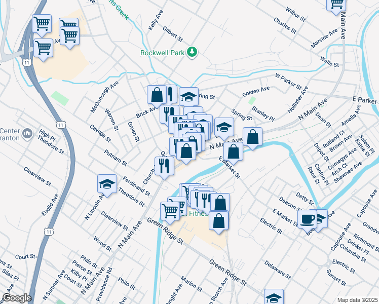 map of restaurants, bars, coffee shops, grocery stores, and more near 1842 North Main Avenue in Scranton