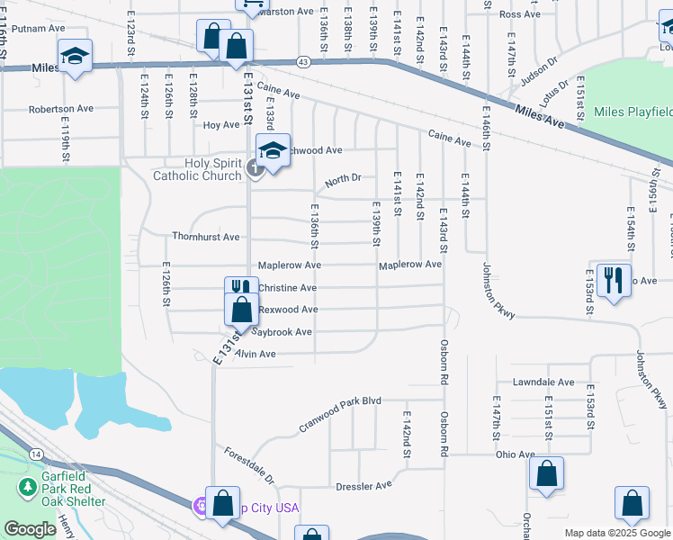 map of restaurants, bars, coffee shops, grocery stores, and more near 13711 Christine Avenue in Garfield Heights