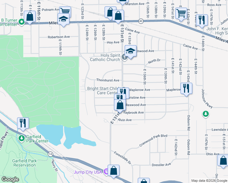 map of restaurants, bars, coffee shops, grocery stores, and more near 12905 Christine Avenue in Garfield Heights