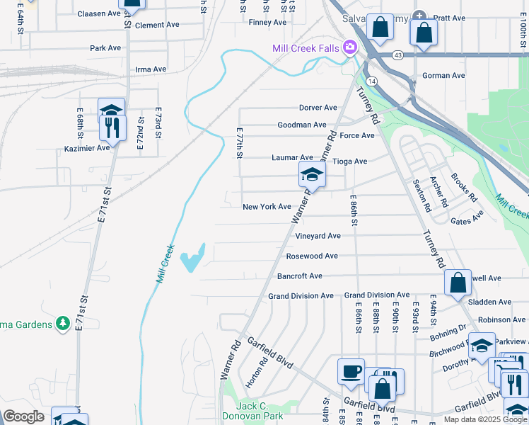 map of restaurants, bars, coffee shops, grocery stores, and more near 8101 Jeffries Avenue in Cleveland