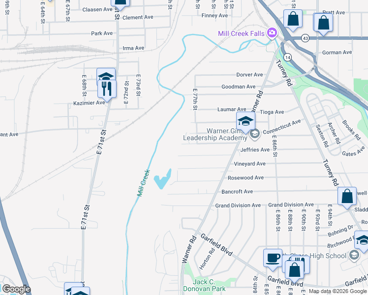 map of restaurants, bars, coffee shops, grocery stores, and more near 7617 Jeffries Avenue in Cleveland